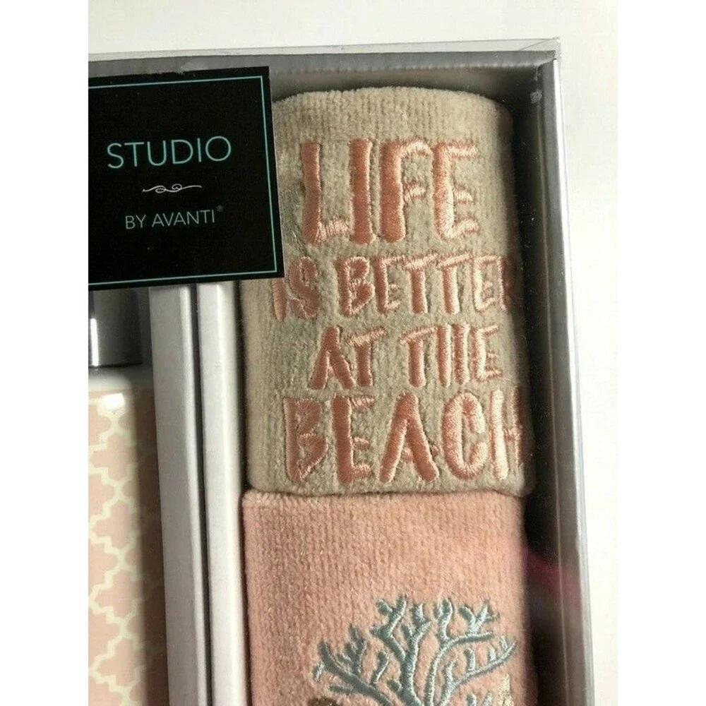 Avanti Fingertip Towels and Soap Lotion Dispenser Set Embroidered Beach Set of 3